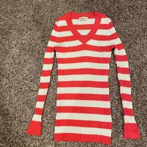 Soft Super Stretch lightweight Sweater Coral & Cream Striped V-Neck EUC